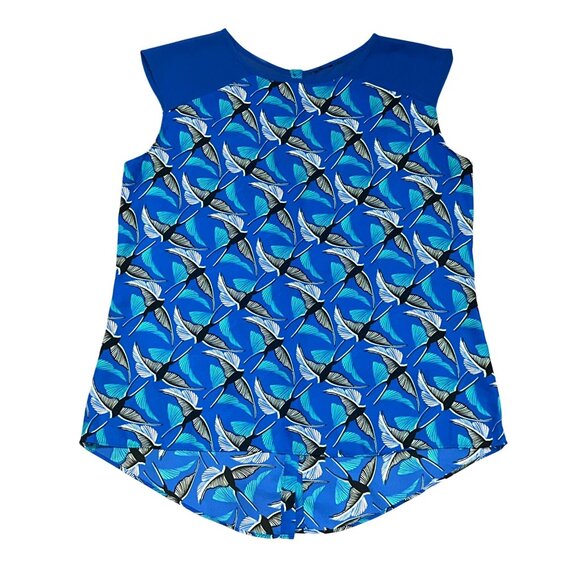 CCC Retro Blue Bird Print Blouse Mesh Cap Sleeve Mod Top Artsy Vintage Style Med - Picture 6 of 10